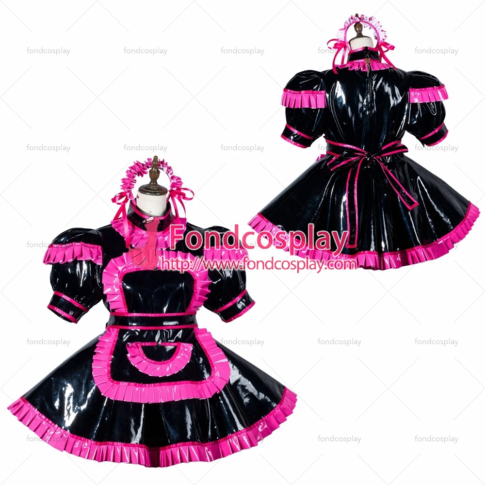 

fondcosplay adult sexy cross dressing sissy maid short black heavy pvc dress lockable Uniform apron costume Tailor-made[G3792]