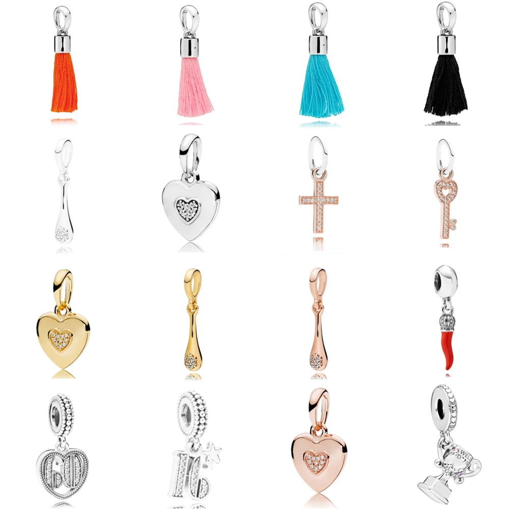 

NEW Genuine 100% 925 Sterling Silver Tassel Hanging Charm Modern Love Shine Pendant Fit Bracelets Necklace factory wholesale