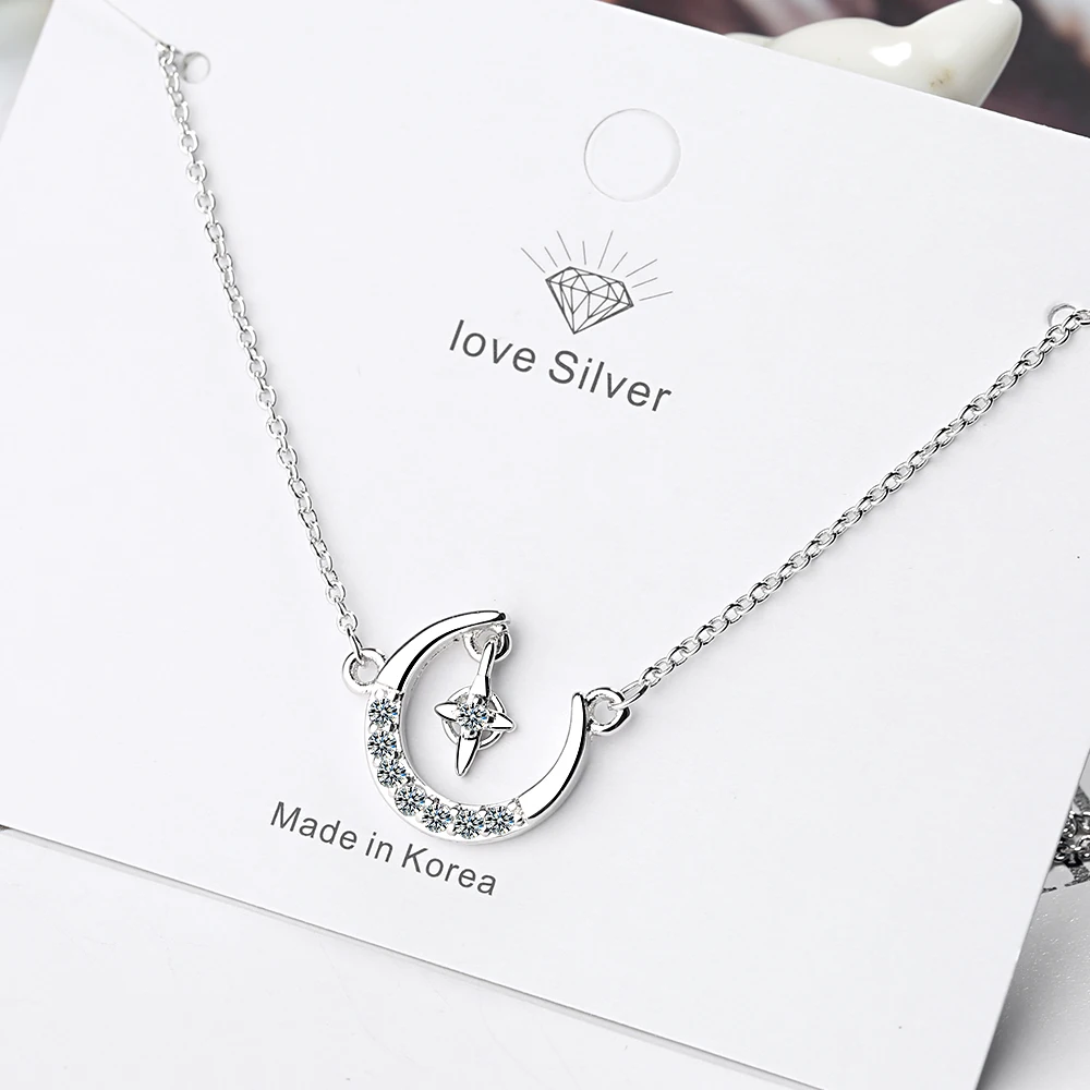 

925 Sterling Silver Charm Moon Star Pendant Necklace Fashion Zircon Clavicle Chain For Lady Gift Jewelry Dropshipping S-N509