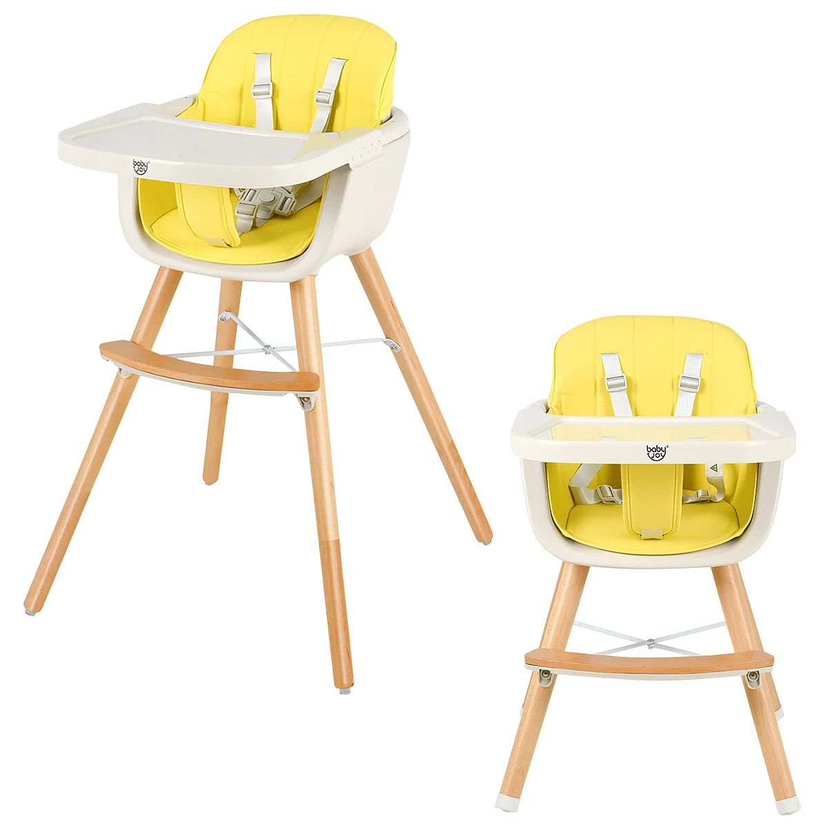 3 in 1 Convertible Wooden High Chair Baby Toddler Highchair w/ Cushion Yellow
