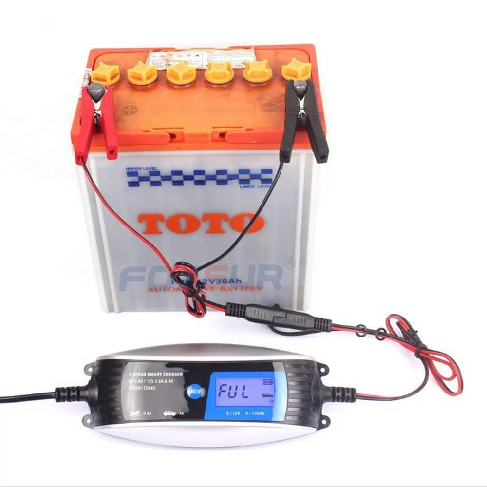 Цена FOXSUR 6V 12V свинцово-кислотный Батарея Зарядное устройство 7-ступенчатая салона автомобиля Зарядное устройство с разъемом SAE, Водонепроницаемы...