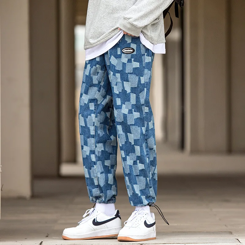 Summer New Jacquard Patch Blue Jeans Men's Trendy Brand Large Size Loose Straight-Leg Pants Drawstring Wide-Leg Denim Trousers