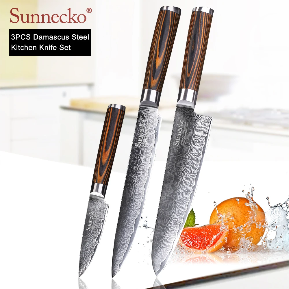 SUNNECKO Damascus Chef Santoku Paring knife Steel Japanese VG10 Blade kitchen knives Pakka Wood Handle Sharp Meat Fruit Cutter  Дом и