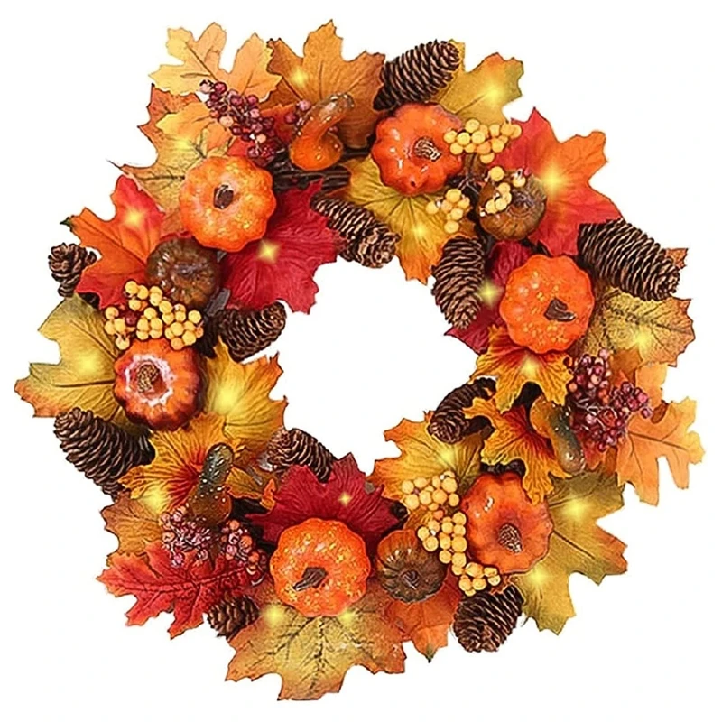 

Autumn Harvest 40cm LED Lighted Front Door Wreath with Faux Maple Leaf Pine Cone Pumpkin Thanksgivings Halloween Garland