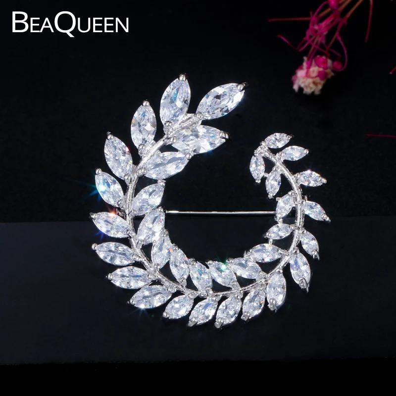 BeaQueen модная Пряжка для шарфа в форме листа фианиты класса ААА зажим с кристаллами