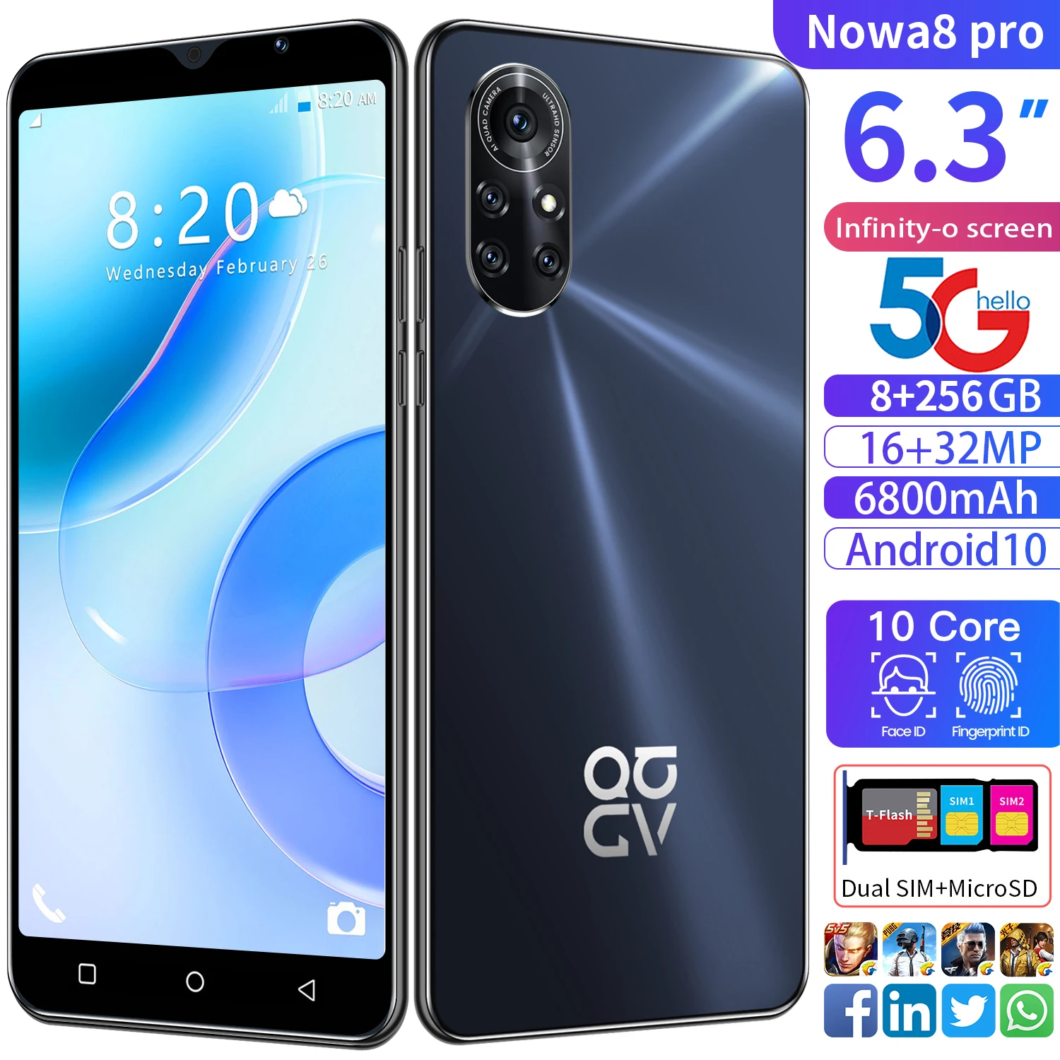 

Galazy Nowa 8 Smartphone Android OS 10.0 System Support Face/Fingerprint Recognition Cell Phones Unlocked Global Version 8+256GB