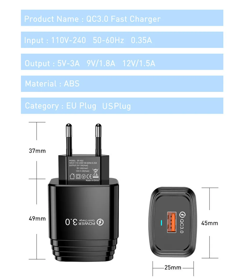 

Quick Charge 3.0 Travel Fast Charging Portable USB Wall charger EU US UK Plug for Samsung Xiaomi 9T Redmi Huawei