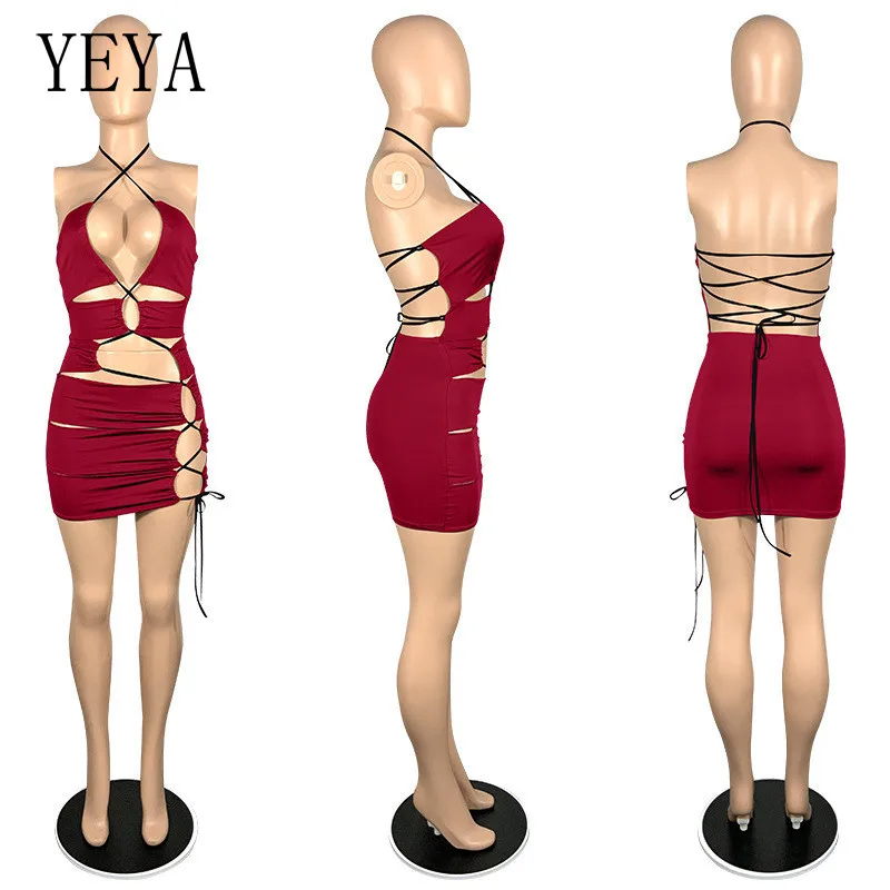 

YEYA Sexy Hollow Out Bandage Lace Up Drawstring Halter Mini Dresses for Women Backless Skinny Bodycon Party Club Outfits