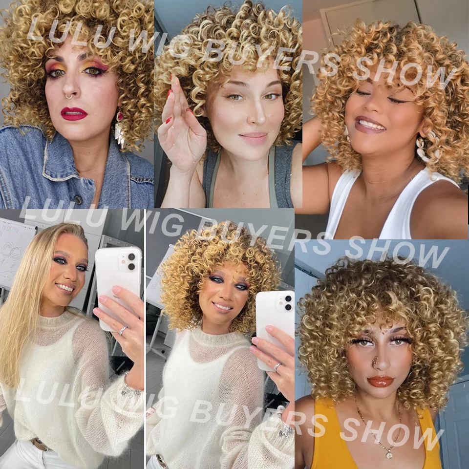 Short Curly Blonde Wig For Black Women Afro Kinky With Bangs Synthetic Natural Glueless Ombre Brown Cosplay | Шиньоны и парики