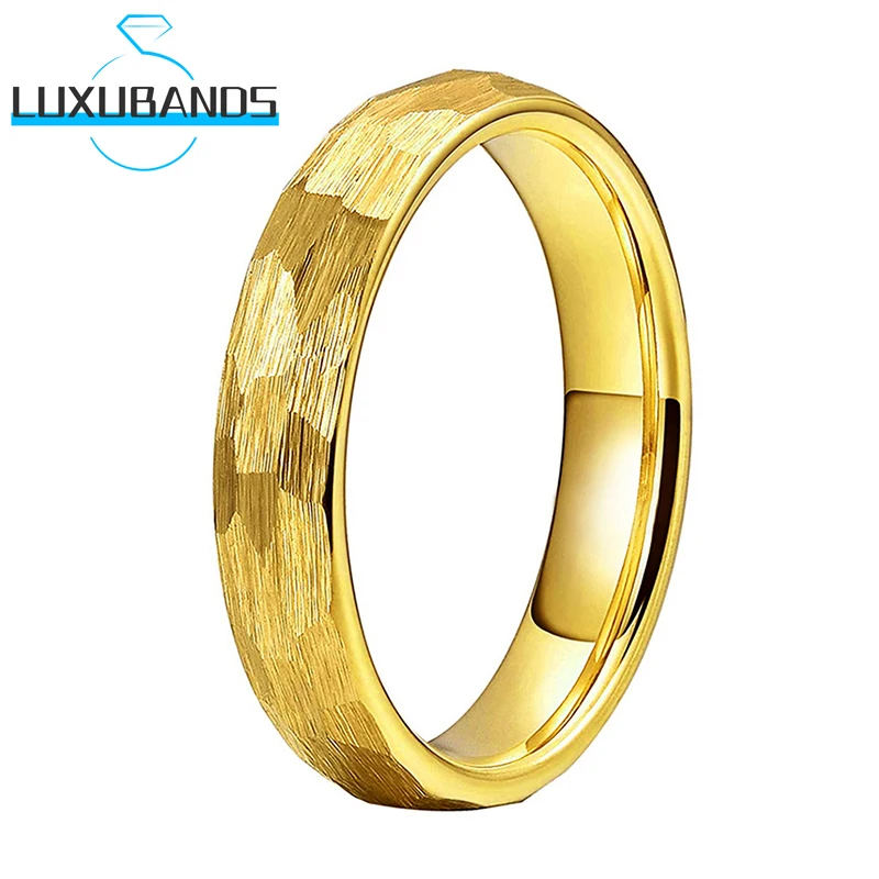 

Gold 4mm Wemen's Tungsten Wedding Carbide Ring Multifaced Hammered Engagement Bands Brushed Finish In Stock Comfort Fit