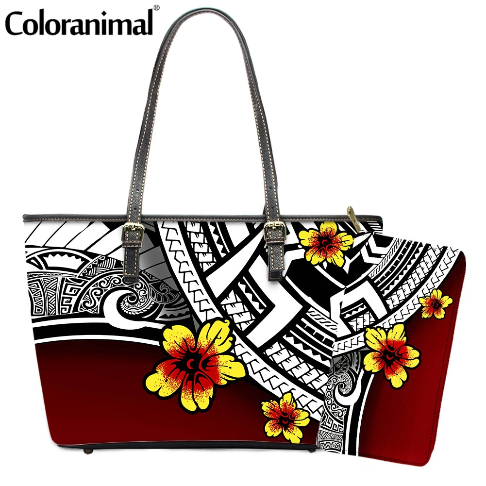 

Coloranimal Red Polynesian Hibiscus Gradient Print Ladies Shoulder Bag 2Pcs Handbag Set With Purse for Women Big Leather Totes