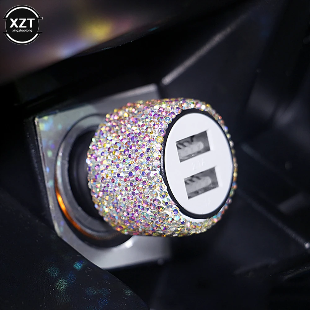 diamond mounted car phone safety hammer charger dual usb fast charged diamond car phone aluminum alloy car charger 6 color free global shipping