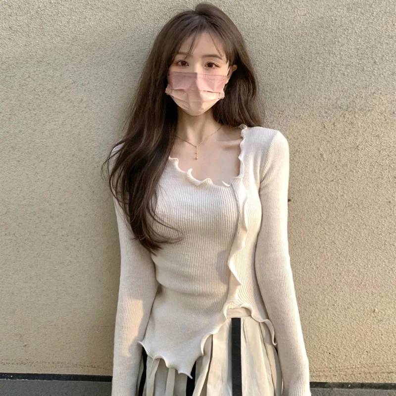 Женская трикотажная рубашка с длинным рукавом облегающий сексуальный