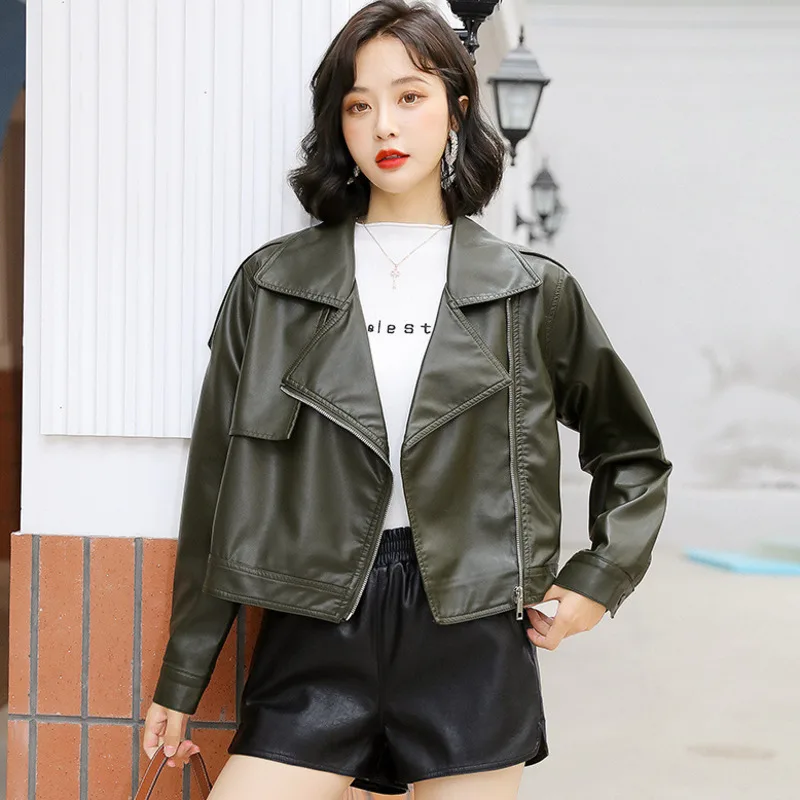 

Casual Short PU Leather Women's Jacket 2021 Autumn Fashion Long Sleeve Large Size Motorcycle Leather Jacket Small Jacket Female