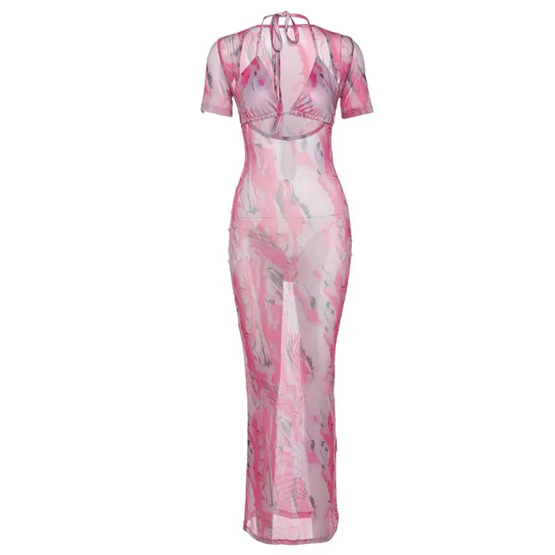 

Sexy Hollow Halter Dress Women 2021 Short Sleeve Low-cut Print See Through Two-piece Underwear Long Dress Beach Club Streetwear