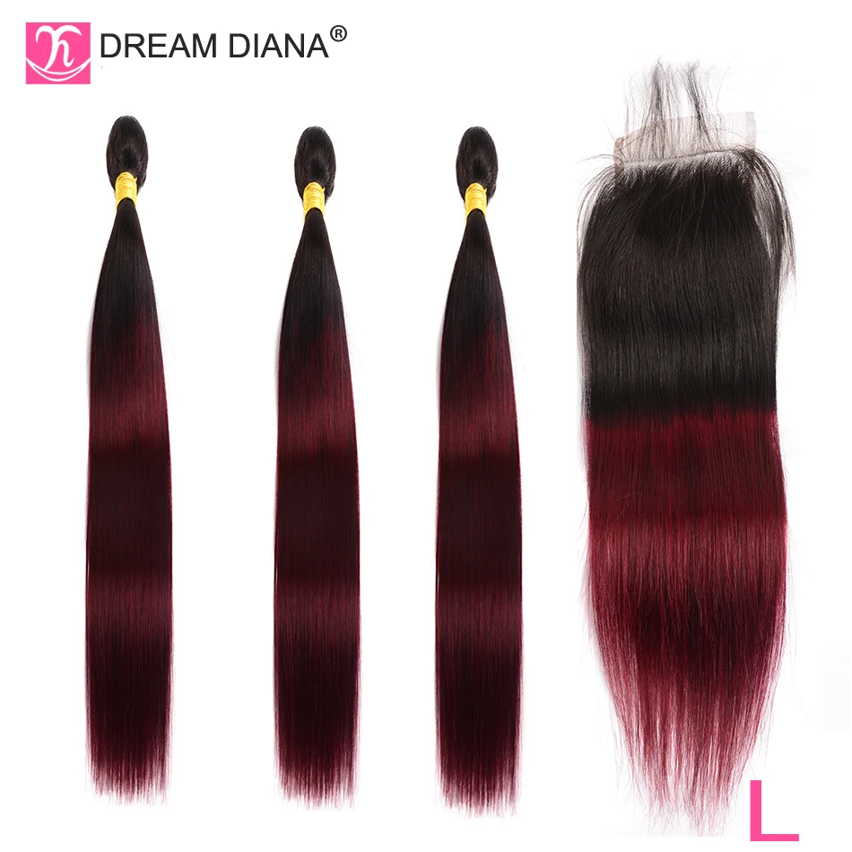 DreamDiana Ombre бразильские прямые волосы с закрытием 10 &quot 26&quot L красное вино 1B 99J Remy