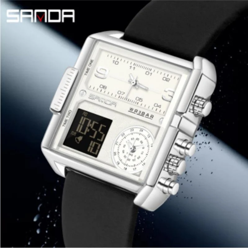 

2021 new style square large dial triple display multi-function men's watch quartz electronic dual movement men's watch