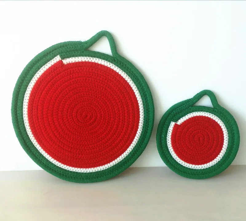 

2pc New Family Kitchen Table Fruit Series Round Cotton Rope Woven Placemat Plate Mat Insulation Mat Coasters Pot Mat