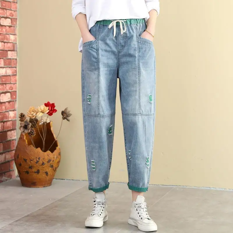 

Summer New Nine-point Jeans Women Loose Retro Solid Color Elastic Waist Hit Color Casual Large Size Thin Harem Pants