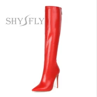 2022 fashion women red knee boots stiletto high heels pointed toes fetish sexy full zipper patent leather footwear size3446