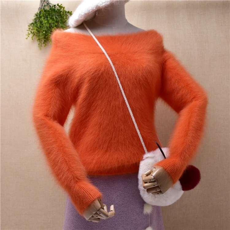 

Женский кашемировый пуловер, из ангоры, с воротником-лодочкой и длинными рукавами