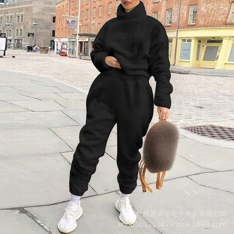

Tracksuit Women Streetwear Loose Plush Two Piece Suit Autumn Winter Long Sleeve Turtleneck Pullover Top Straight-Leg Pants Suit