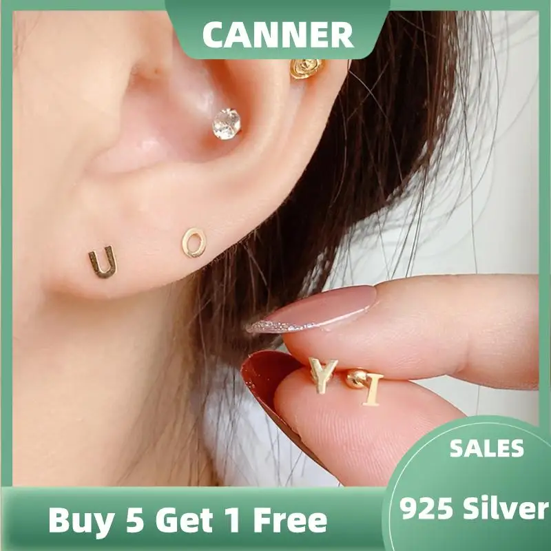 

CANNER 925 Sterling Silver 1Pair 26 Letters Stud Earrings for Women Alphabet Stud Piercing Spiral Piercing Earrings Jewelry