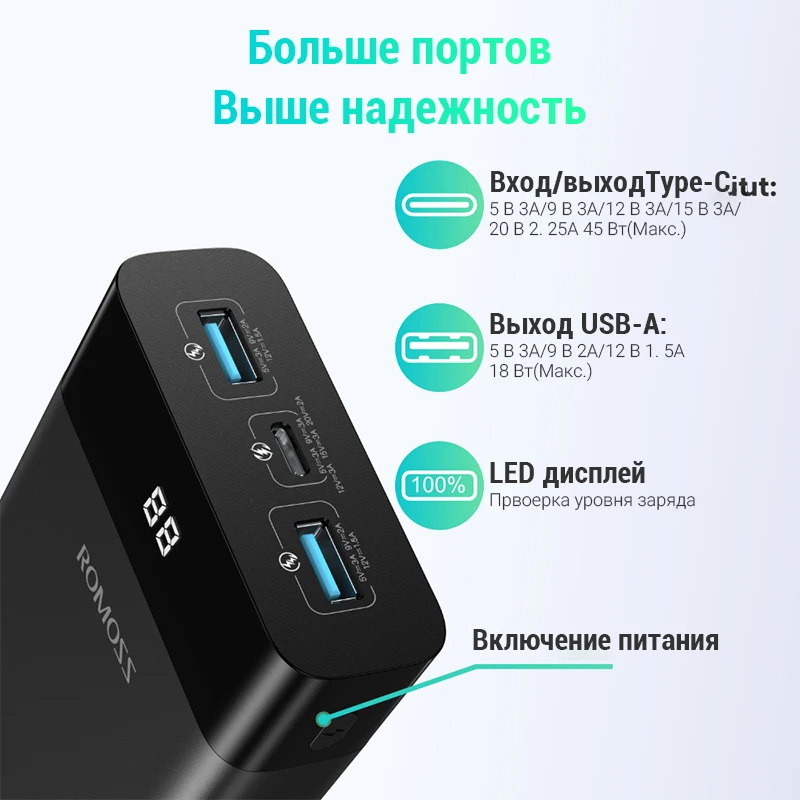 ROMOSS PPD20 повер банк для телефона 20000мАч power bank Внешний аккумулятор 45 Вт зарядки