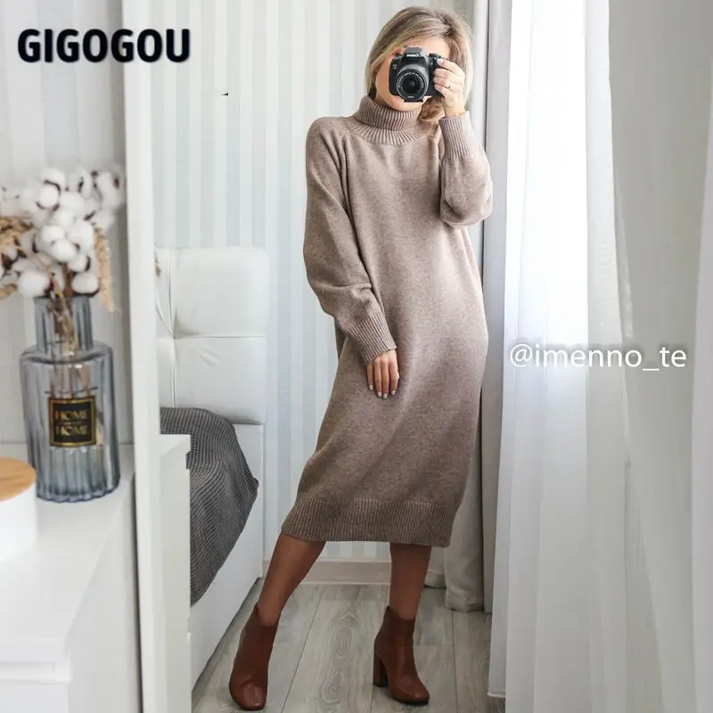 Женское длинное трикотажное прямое платье GIGOGOU плотное теплое кашемировое