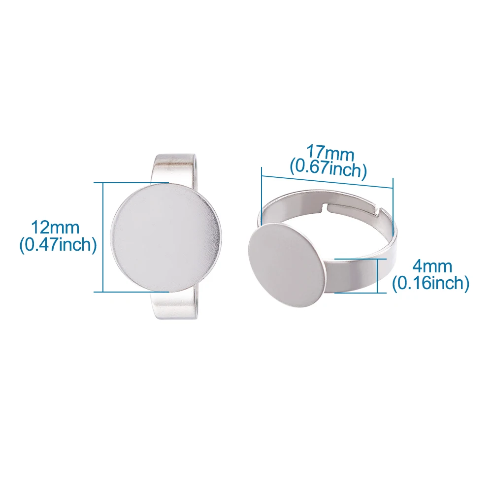

50pcs Size 7 Adjustable 304 Stainless Steel Rings Components Pad Ring Base Settings Accessories with 8/10/12mm Flat Round Tray