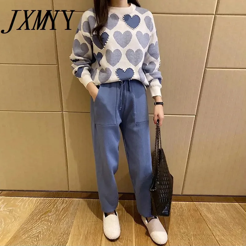 JXMYY Fashion Love Printed Knitted Two Peice Suit Women Long Sleeve Sweater Tops And Solid Colors Casual Pants Female |