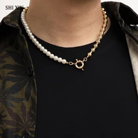 shixin hip hop asymmetry beaded pearl choker necklace for womenmen white pearls choker collar necklace men fashion neck jewelry