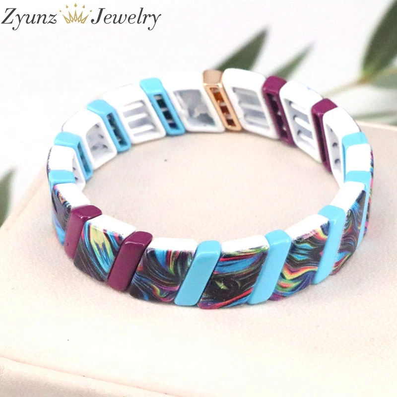 

5PCS, Enameled Stretch Bracelet Tila Tile Rainbow Bracelets Handmade Multicolor Beaded Jewelry Stackable Tile Bangle Cuff Women