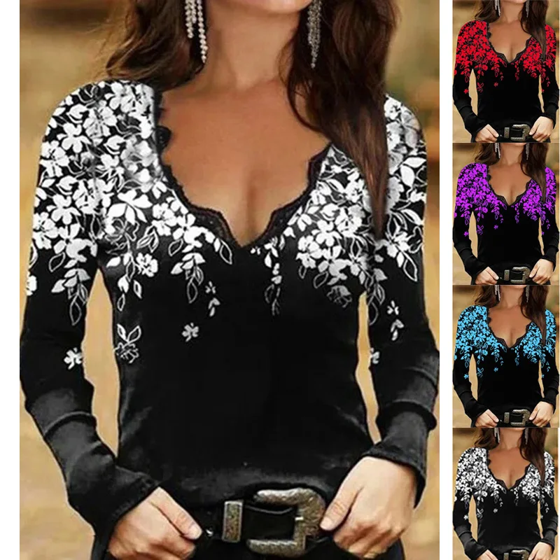 

New 2021 Women's Clothing Autumn and Winter Sexy Deep V-neck T Shirt Long Sleeve Casual Floral T-shirt Plus Size 4XL 5XL