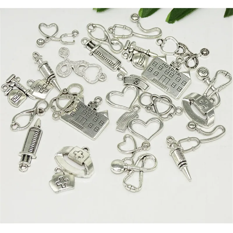 

100 BULK Mixes Antiquedsilver Medical Charms Nurse and Doctor Theme Pendants Stethoscope Nurse Hat Charms for Jewelry Making RF3