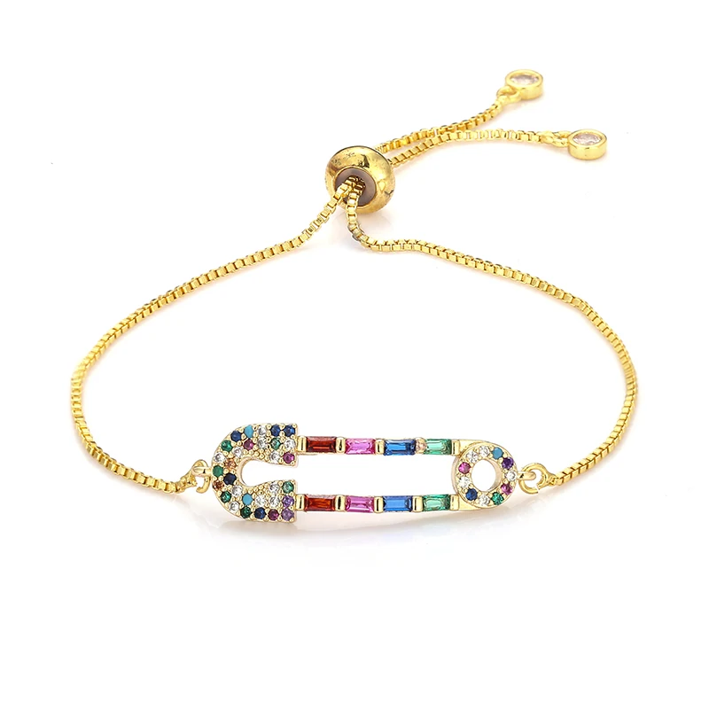 

fashion women's rainbow pin bracelets jewelry gold cz colorful zircon bracelet bangle adjustable chain bracelet for women