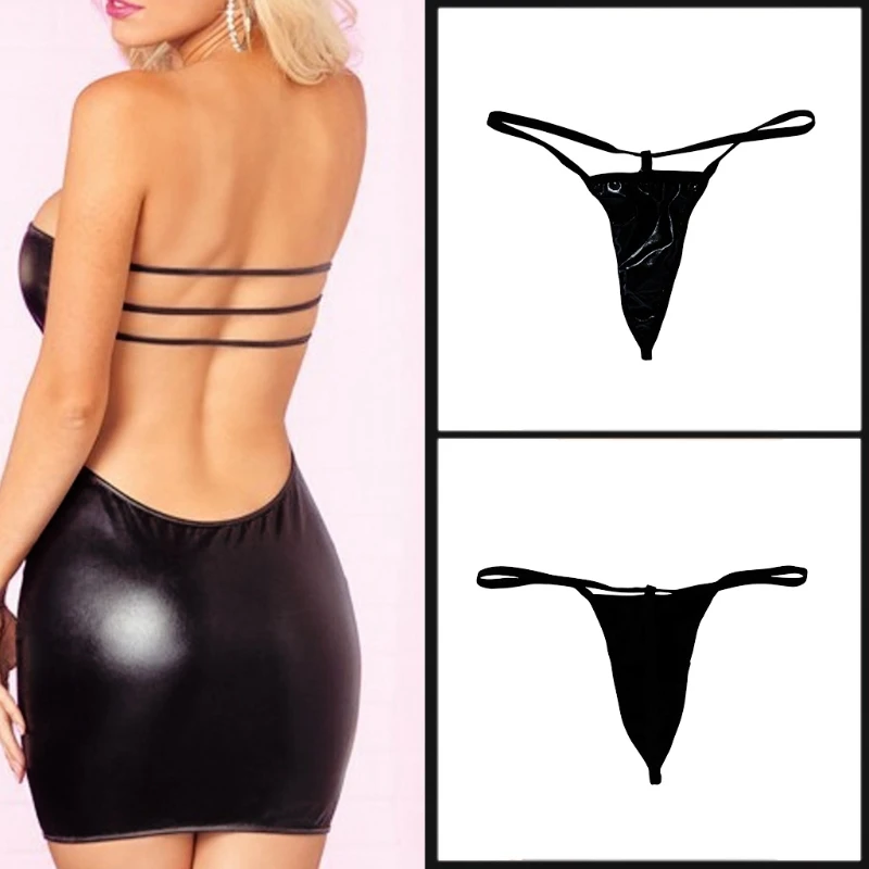 

Womens Sexy Slash Neck Faux Leather Dress+ T-back Minidress Lingerie Set