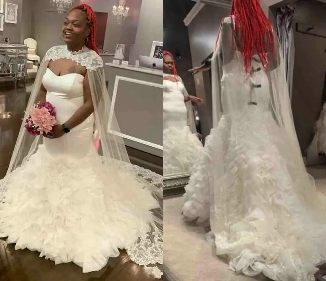 

Amazing African Big Wrap Mermaid Plus size Wedding Dresses 2022 Sweetheart Ruffled Bottom Court Train Wedding Bridal Gown