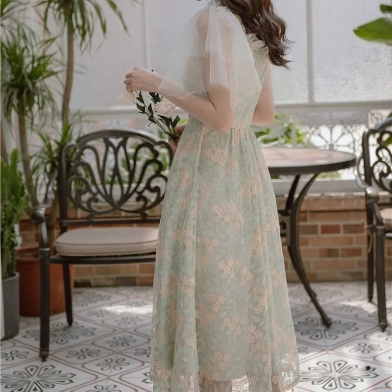 

Summer Floral Dress Women Elegant Vintage Retro Fairy Dress Casual Slim Fit Embroidered Lace Korean Sweet Dress Women 2021 New
