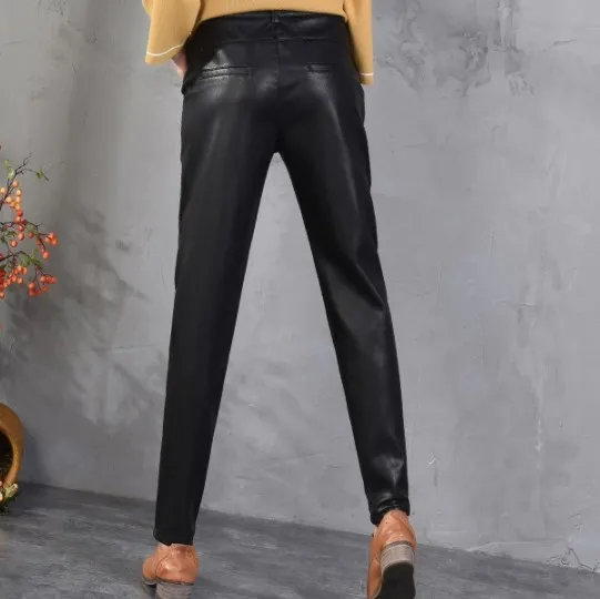 

Woman Autumn Winter High Waist Leather Pants Women Warm Fleece Harem Trouser Korean Casual Black Pantalon Femme