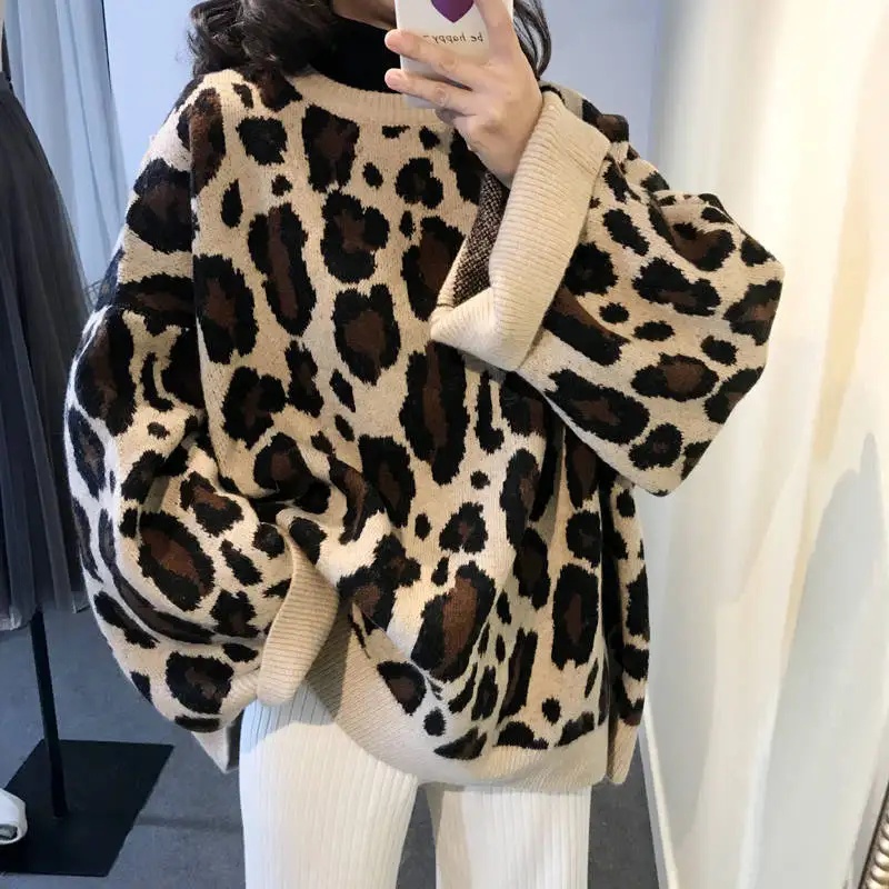 

2021 Autumn Winter Clothes Women Women's Casual Oversize Leopard Print Models Lazy Knit Pullover Ladies Sweater Commuter Loose