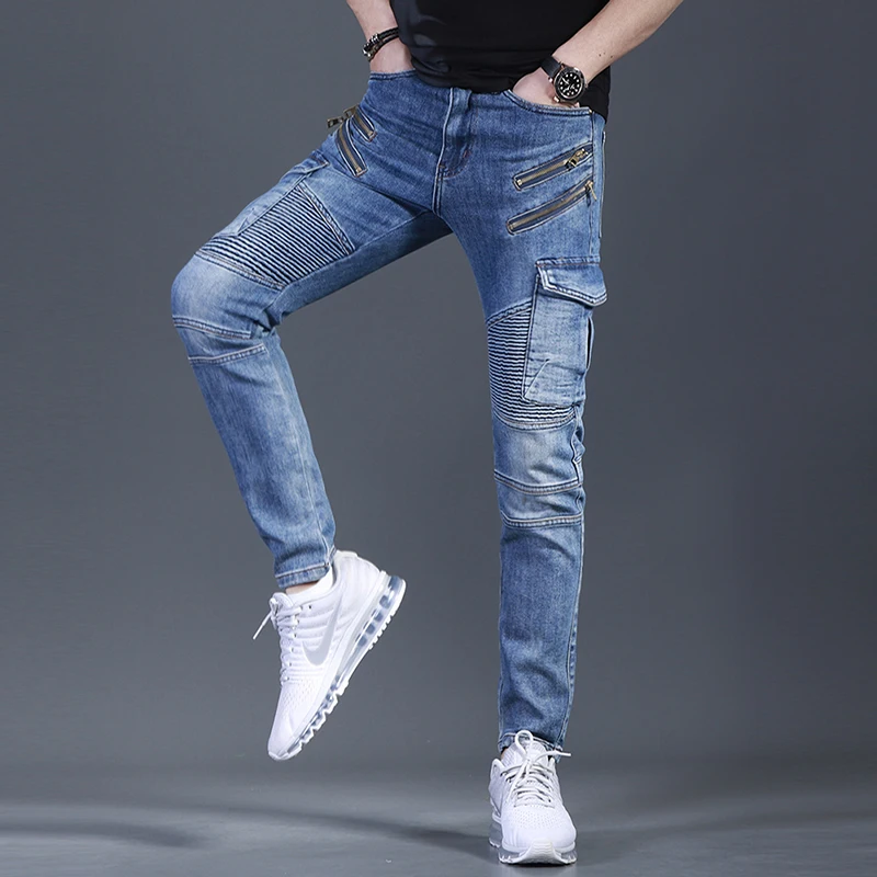 New Fashion Blue Biker Jeans Men Cargo Pants Patchwork Jean Mens Streetwear Casual Zipper Pocket Slim Fit Denim Trousers