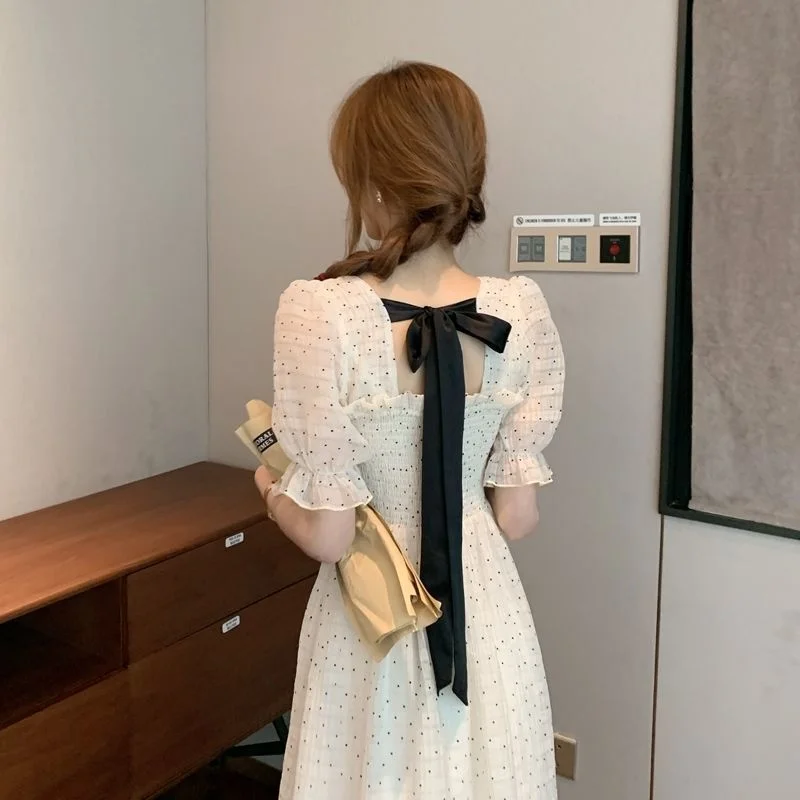 

Summer Sweet Dress Chiffon Dot Elegant Dress Floral Design Short Sleeve Korean Style Square Collar Party Dress for Female 2021