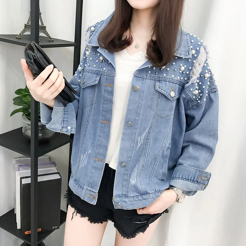 

Fashion Vintage Blue Women Basic Denim Jacket Beading 2020 Autumn Long Sleeve Casual Jeans Coats Loose Female Top Outwear M160