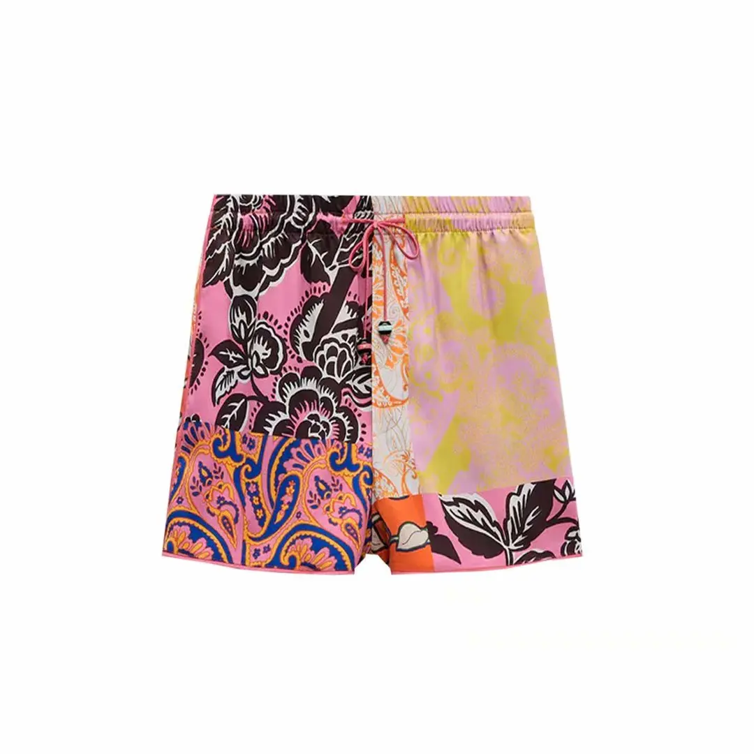

Pinkou Women Chic Print Shorts Elastic Waist Drawstring Tie Suit Female Casual Fashion Pantalones Cortos De Mujer SA08