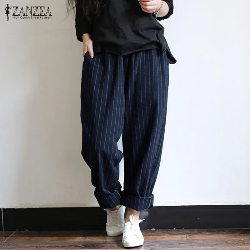 

ZANZEA Autumn Striped Pants Women Casual Baggy Pant Turnip Long Pantalon Palazzo Lady Elastic Waist Harem Pants