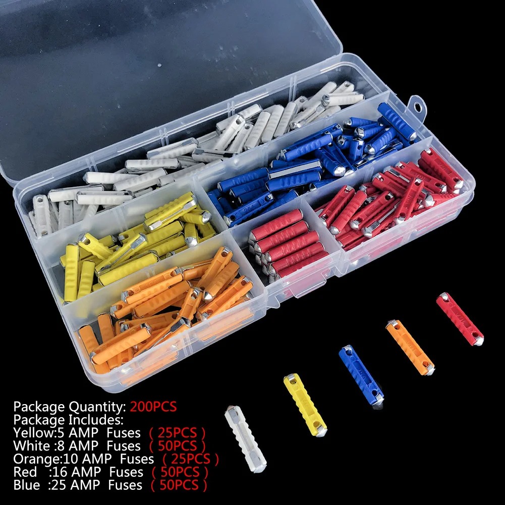 

200PCS Automobile Car Fuses 5A 8A 10A 16A 25A Zinc Alloy Amp Kits With Box Fuse Set Truck Auto Fuse Set