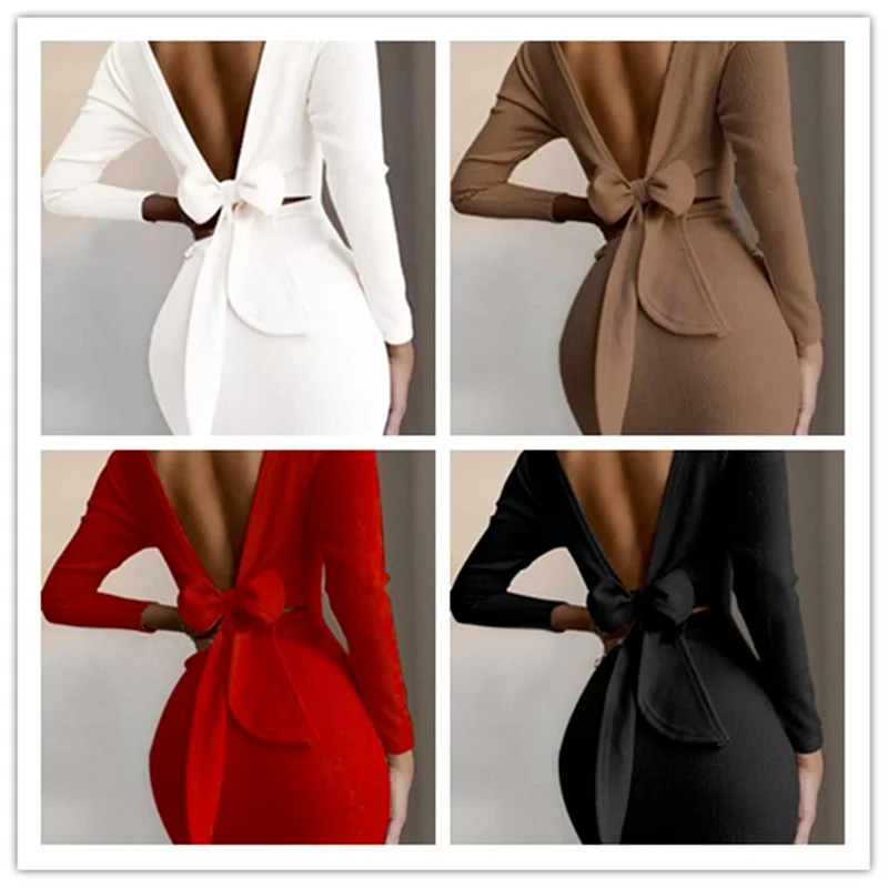 

Sexy Backless Mini Dresses Elegant Bowknot Party Club Bodycon Sukienka Solid Color Ins Hot Fashion Fall Winter Long Sleeve Dress