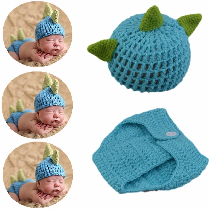 

Newborn Photography Props Cartoon Handmade Crochet Knit Dinosaur Hat And Pants Photo Costume Suit