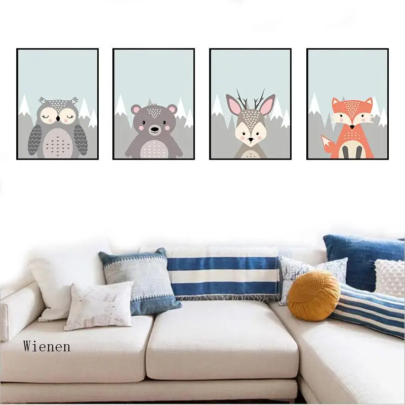 

Nordic Style Cartoon Animal Canvas Painting Rabbit Fox Bear Realistic Art Poster Print Wall Photo Living Room Home Decoration